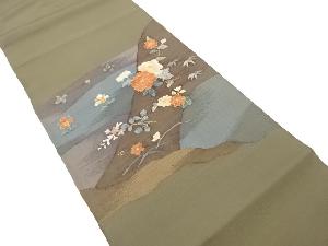 山並に牡丹・笹・菊模様織り出し　袋帯